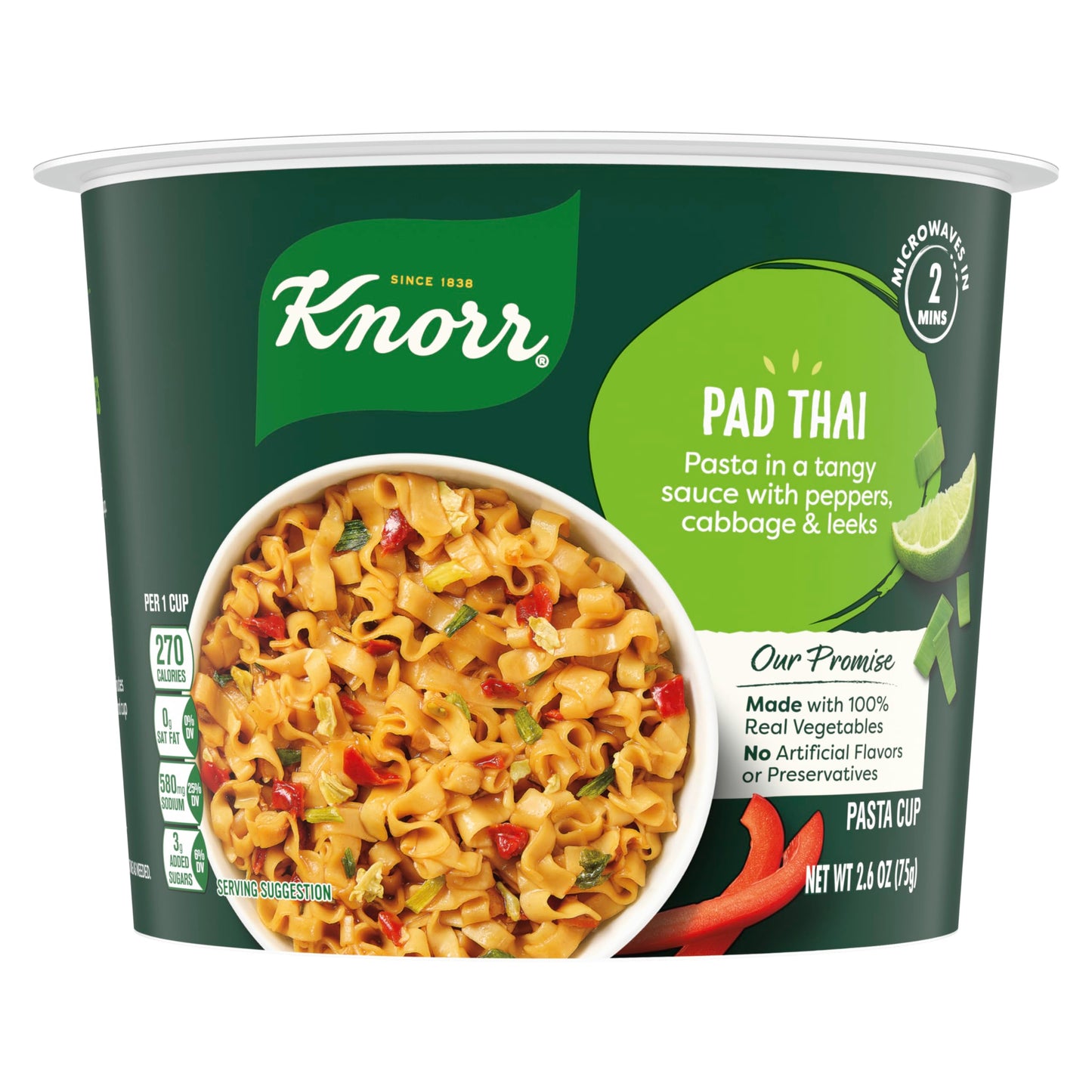 Knorr Pasta Cup For a Quick and Easy Meal Pad Thai Made with 100% Real Vegetables & No Artificial Flavors or Preservatives, 2.6
