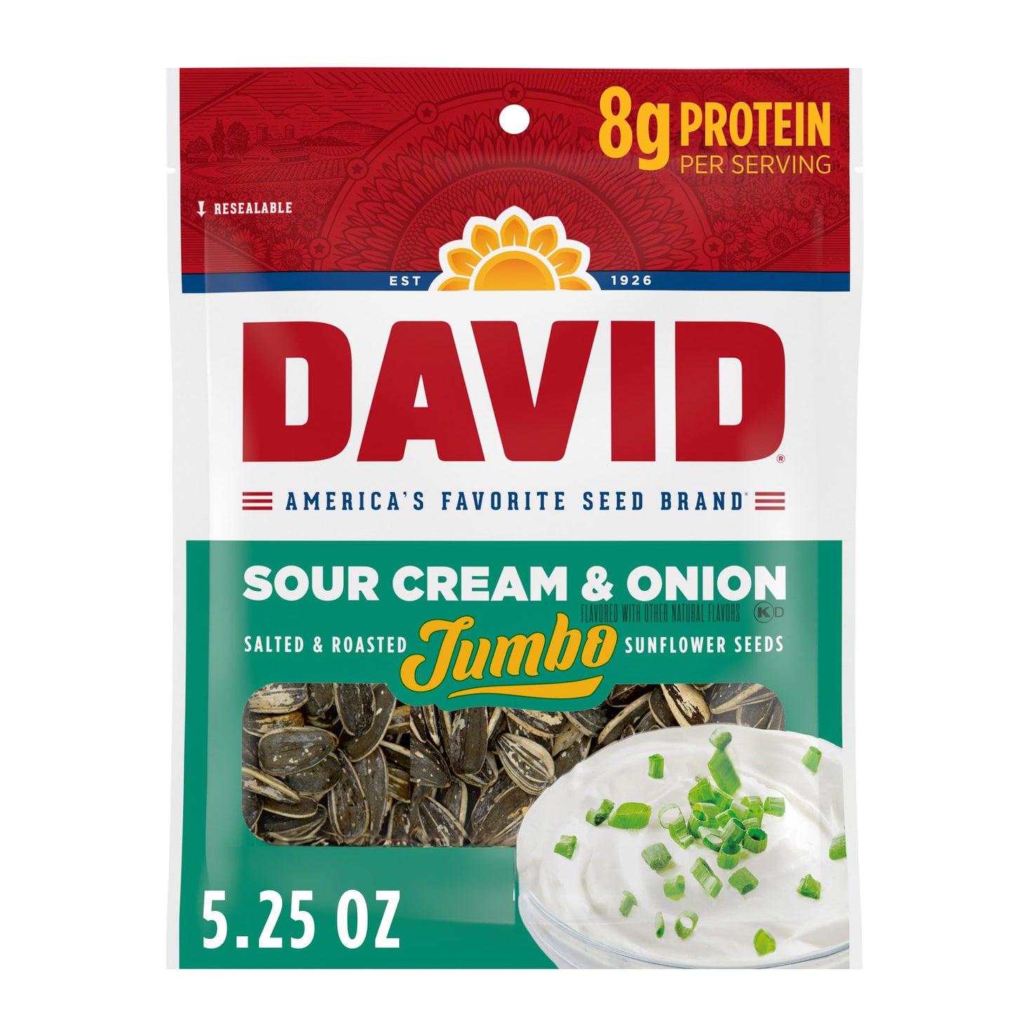 David Seeds Sour Cream & Onion Jumbo Sunflower Seeds Keto Friendly 5.25-Oz. Resealable Bag (Pack Of 12)