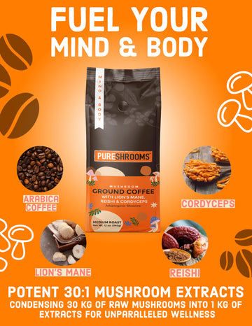 Mushroom Ground Coffee W/ Ultra Concentrated 30:1 Organic Lion'S Mane, Reishi, Cordyceps - 0 Sugar, No Preservatives, Non-Gmo -