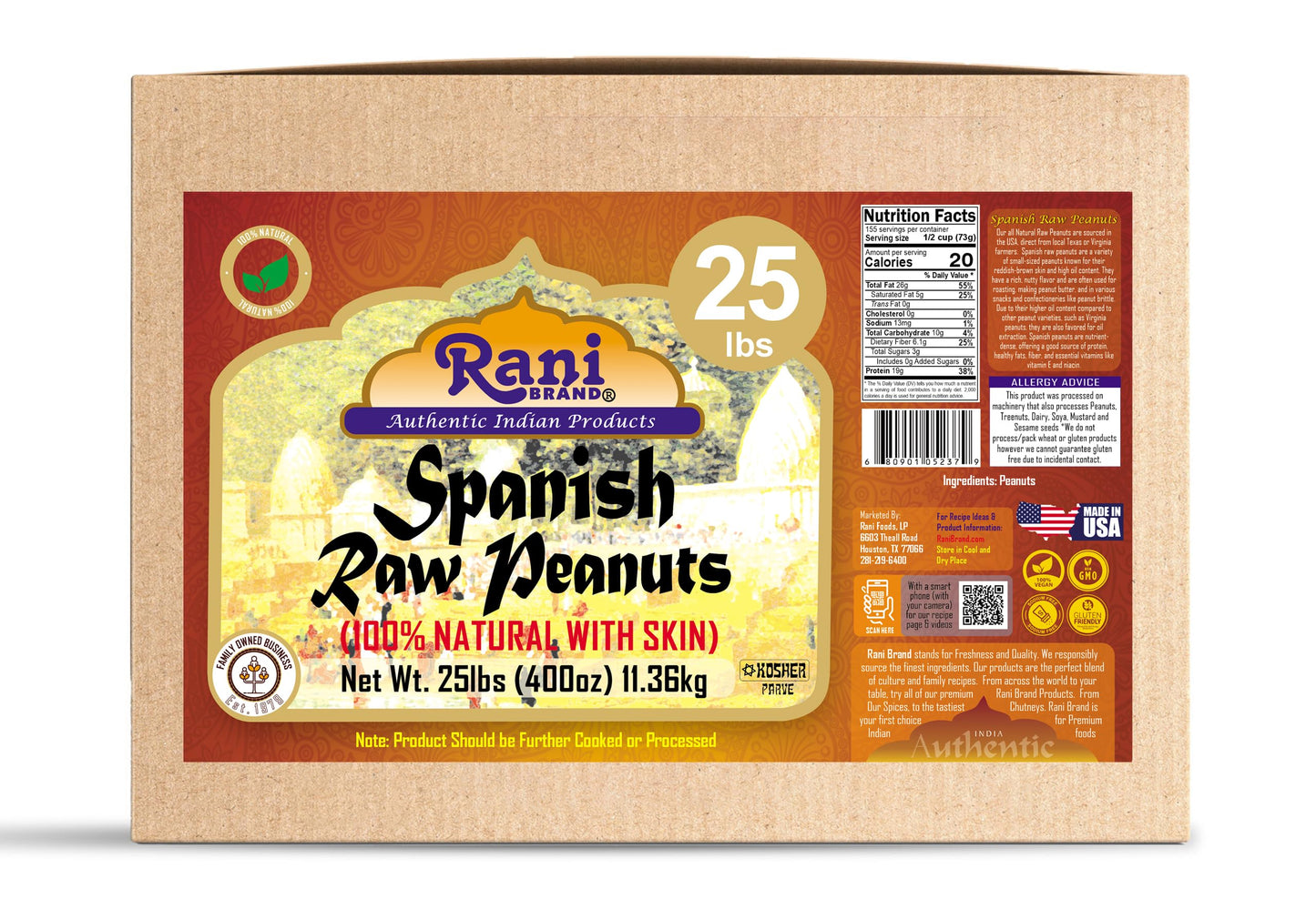 Rani Raw Spanish Peanuts 100% Natural With Skin (Uncooked, Unsalted) 25Lbs (400Oz) 11.36Kg Bulk Box ~ Vegan | Gluten Friendly |