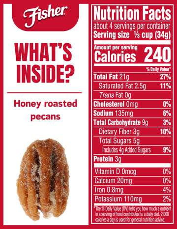 Fisher Snack Honey Roasted Pecans, Stand-Up Bag, 4.5 Oz