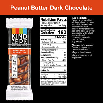 KIND ZERO Added Sugar Bars Keto Snack Peanut Butter Dark Chocolate Good Source of Fiber Gluten Free Low Sugar 5g Protein 30 Count