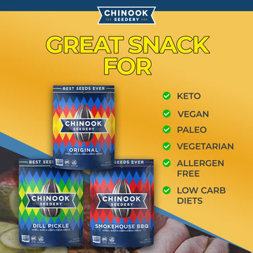 Chinook Seedery Roasted Sunflower Seeds - Jumbo Seeds Keto Snacks - Best For Snack Packs - Gluten Free, Non Gmo Snack Food Gifts - 4 Ounce (Pack Of 3) - Lawnmower Variety Pack