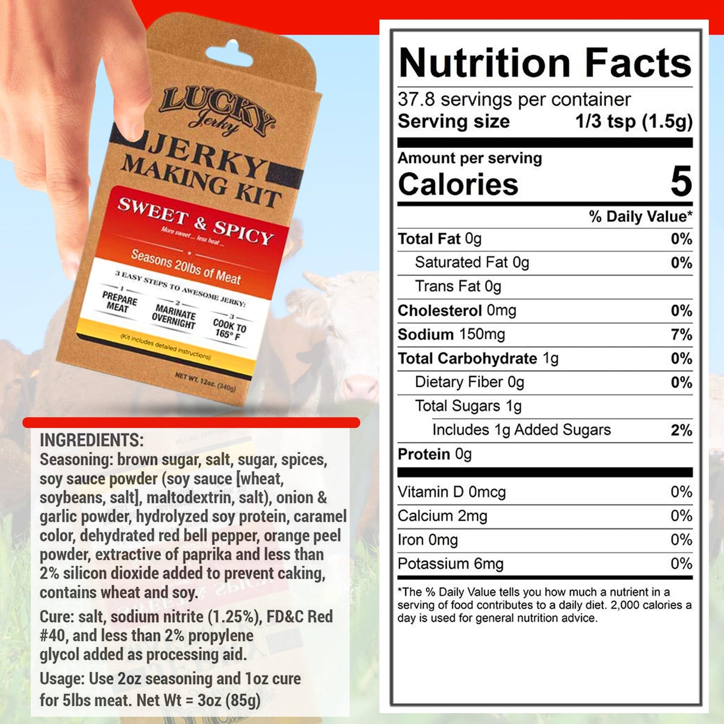 Lucky Beef Jerky DIY Jerky Seasoning and Cure Kits - Variety Pack with Six Flavors | Make Your Own with Sweet and Spicy Peppered Red Pepper Teriyaki BBQ and Original- Season 120lbs of Meat