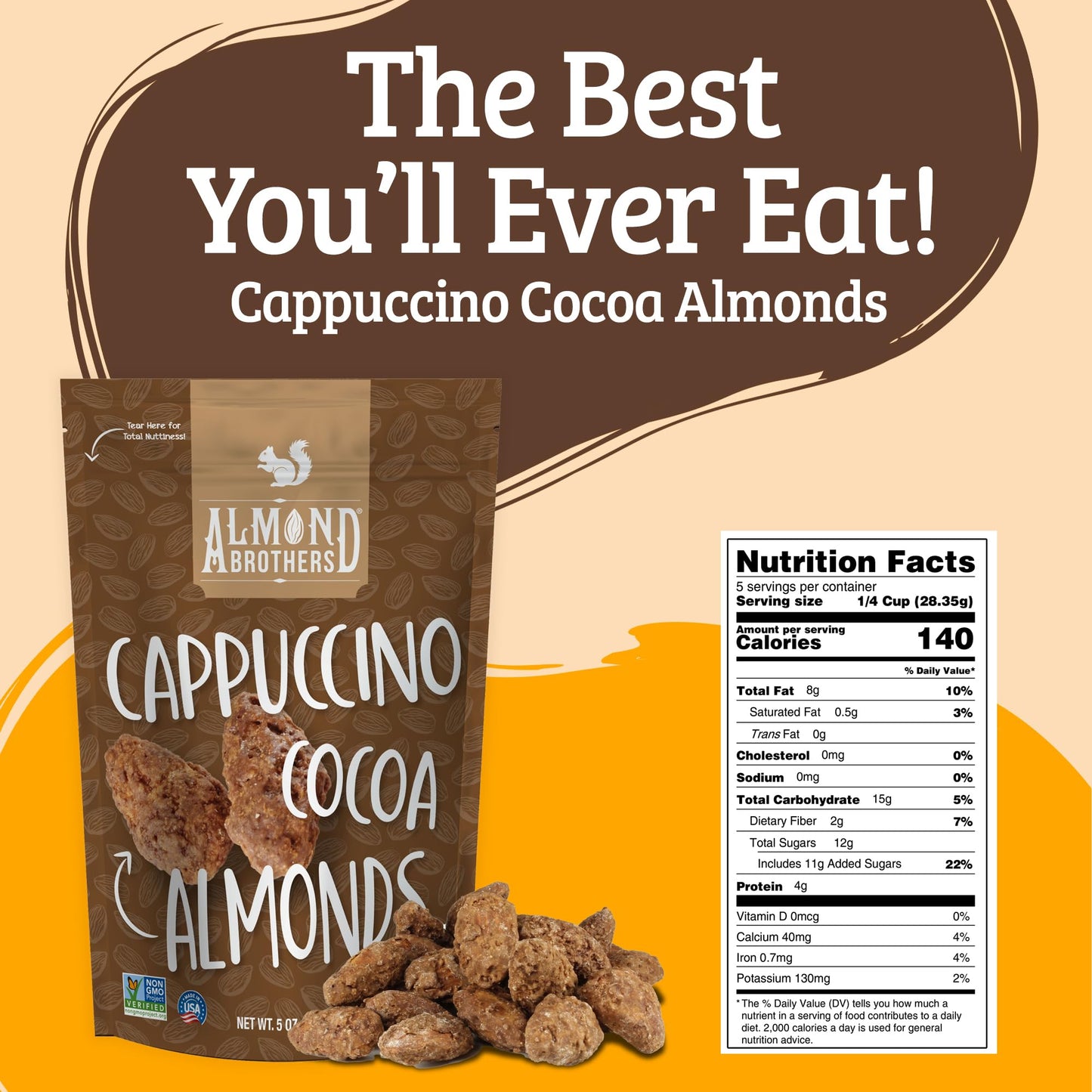 Almond Brothers Roasted Almonds - Hand Crafted Cappuccino & Cocoa Almonds, Gluten-Free, Non-Gmo, Candied Almonds (5 Oz, Pack Of