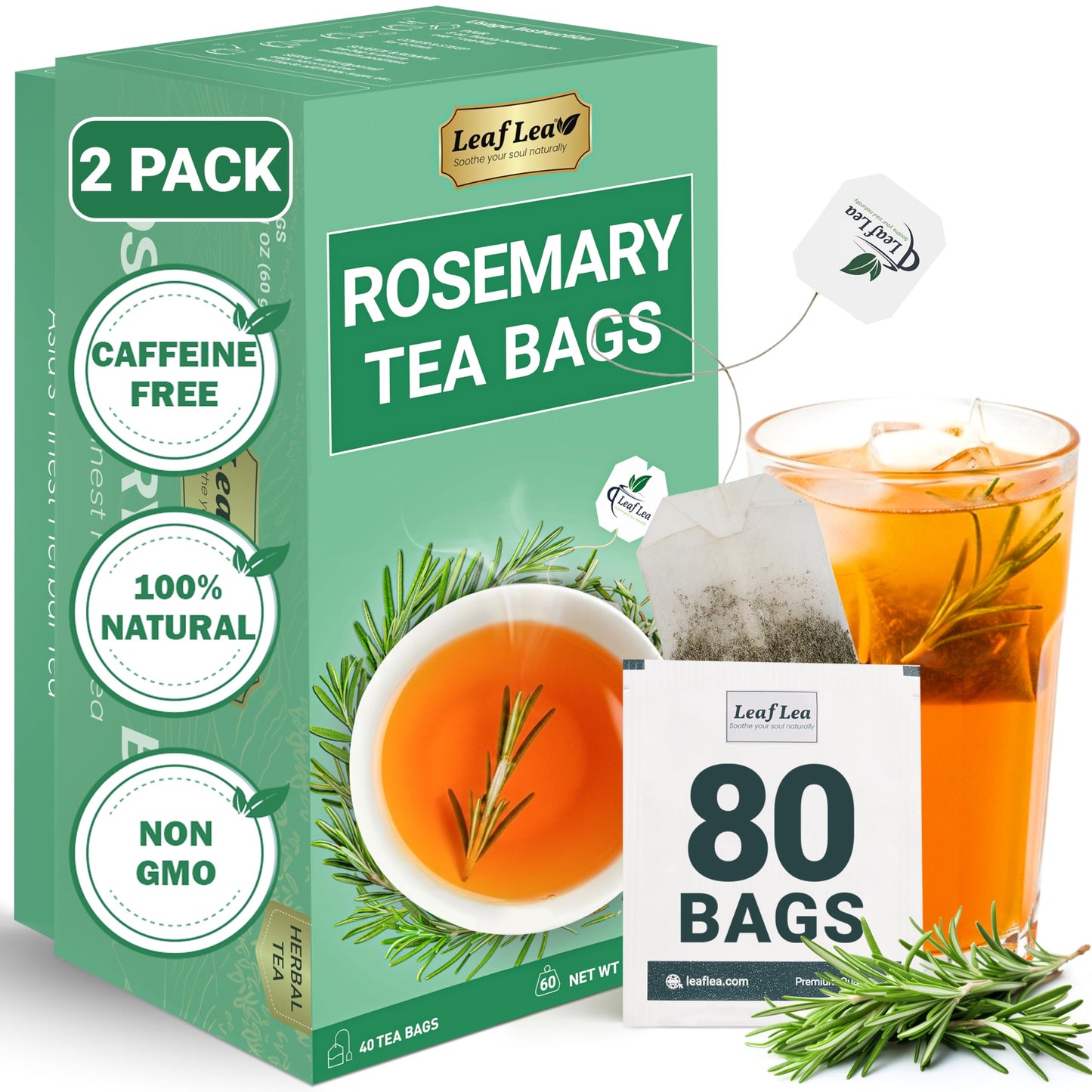 Leaflea 80 Rosemary Leaf Tea Bags 100% Pure Rosemary Herbal Tea Gentle Digestive Comfort & Relaxing Te De Romero Featuring Subtle Natural Flavor Energy Blend-Free Sugar-Free Non-Gmo Vegan
