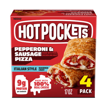 Hot Pockets Pepperoni and Sausage Pizza, Hot Pockets Frozen Sandwiches, Frozen Snacks, Air Fryer Snacks, 9g Protein, 4-Pack
