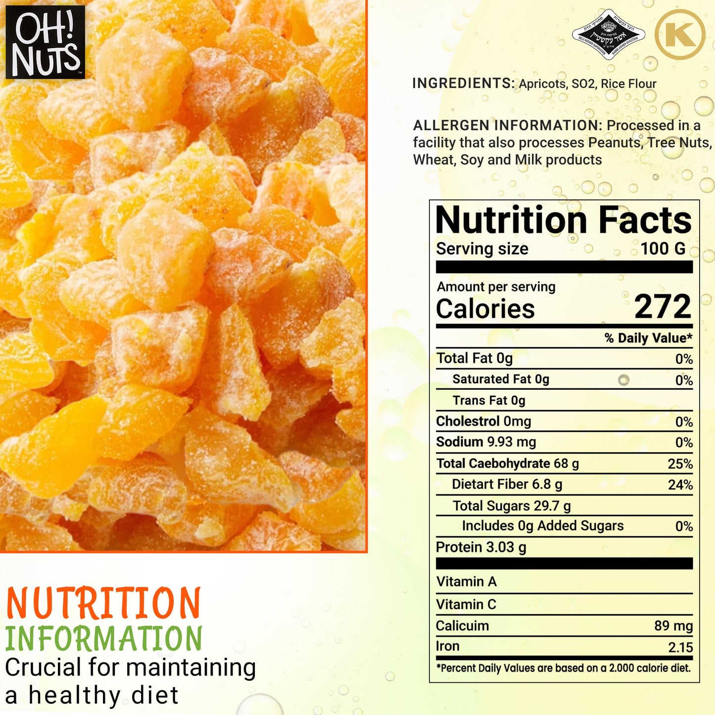 Dried Apricot | 1 Lb - Dried Fruit Diced | No Sugar Added | Dehydrated Fruit Bites | Packed In New York Zip-Seal Bag For Exceptional Freshness By Oh Nuts