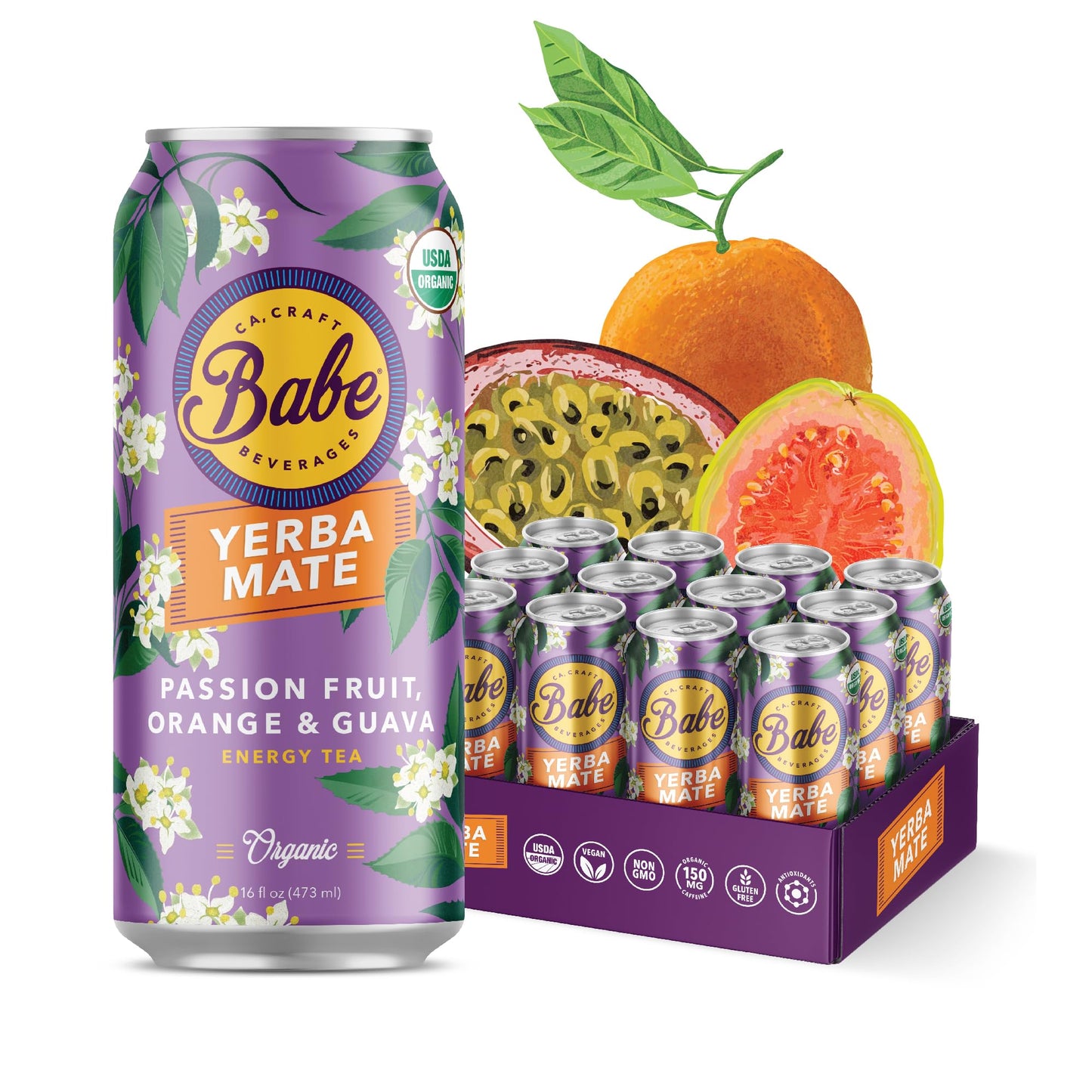 Babe Beverages Organic Yerba Mate Energy Drinks, 150mg Caffeine, Passion Fruit Orange Guava, 12x16oz Cans