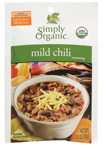 Simply Organic Mild Chili Seasoning Mix, 1-Ounce 12-Pack, Organic Cumin, Paprika, Cloves, Allspice, Warm, Hearty Taste
