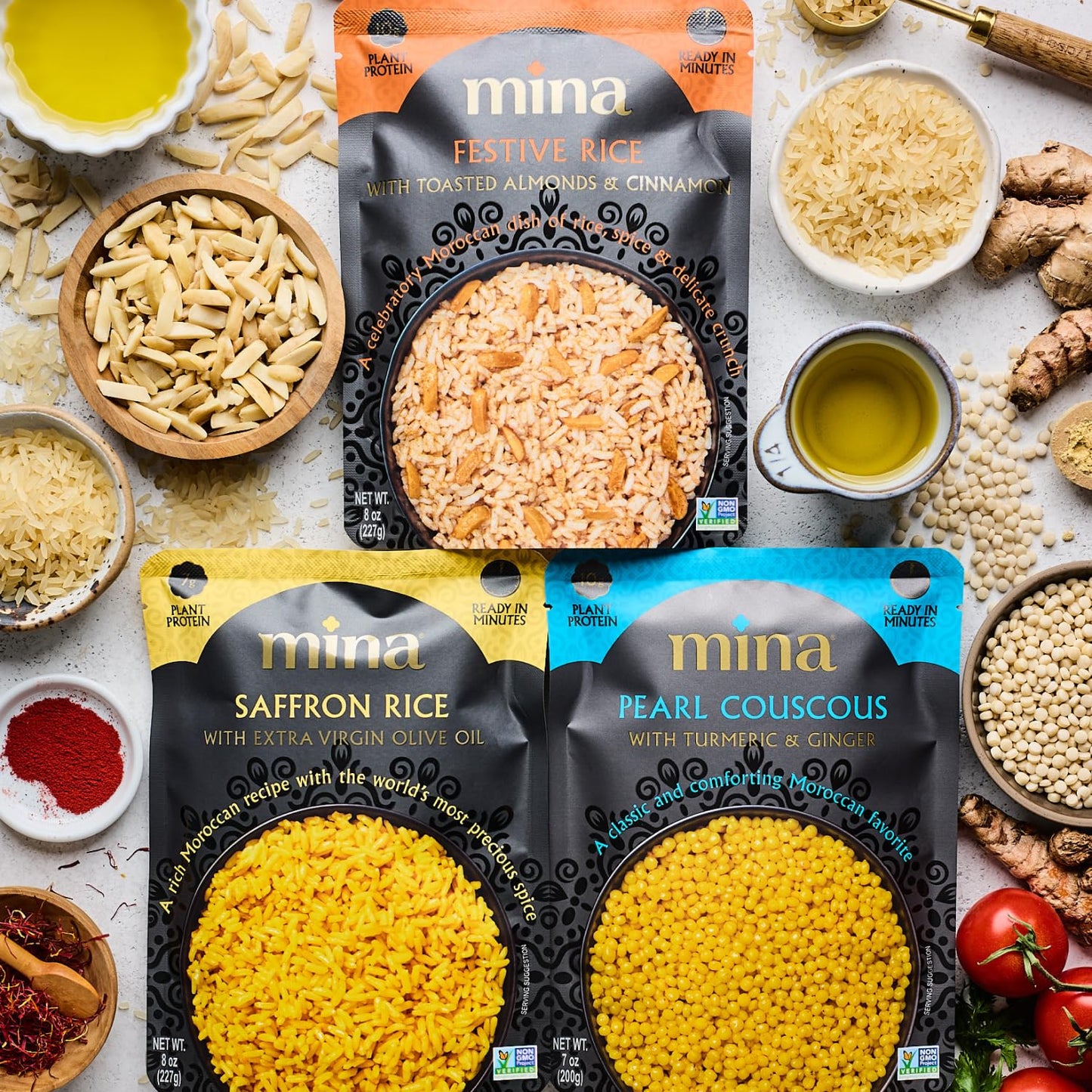 Mina Festive Rice, With Toasted Almonds & Cinnamon, Ready to Eat, Brown Rice, Side Dishes, Microwave Rice, Vegan Protein, Non-GM