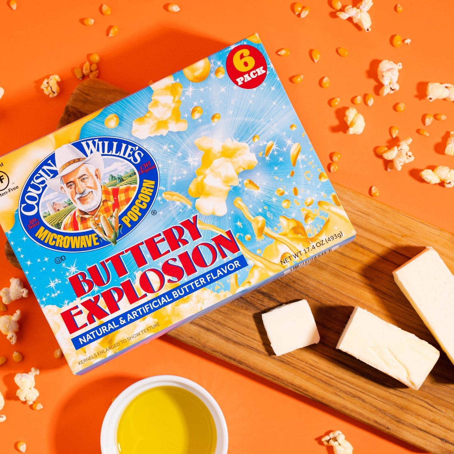 Cousin Willie's Buttery Explosion Microwave Popcorn, Gluten Free, 156.6 Ounce, Low Calorie Healthy Snack, Non-GMO, 6 Bags