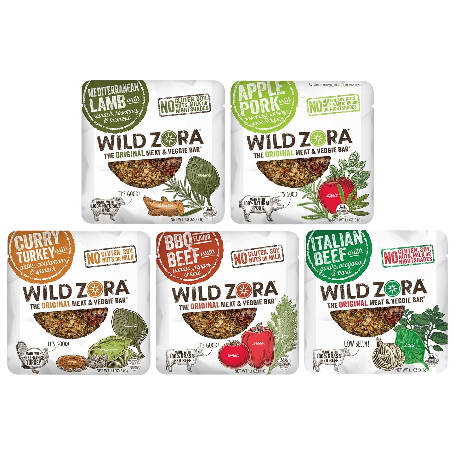 Wild Zora Meat & Veggie Bars, Variety 5-Pack, Natural Pork, Beef, Lamb, & Turkey Jerky Snacks, Healthy Paleo Snacks, Aip Friendl