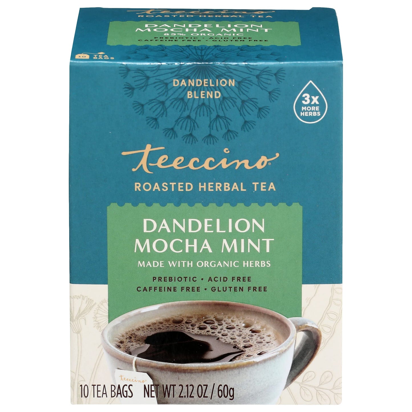 Teeccino Dandelion Mocha Mint Herbal Tea - Caffeine Free, Gluten Free - 10 Tea Bags, Model TEE43310