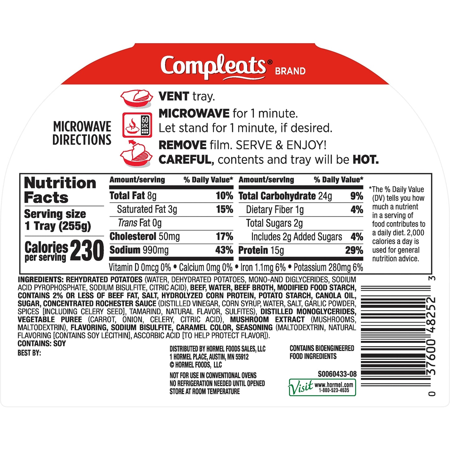 Hormel Compleats Tender Beef With Mashed Potatoes & Gravy Microwave Tray, 9 Oz. (6 Pack)