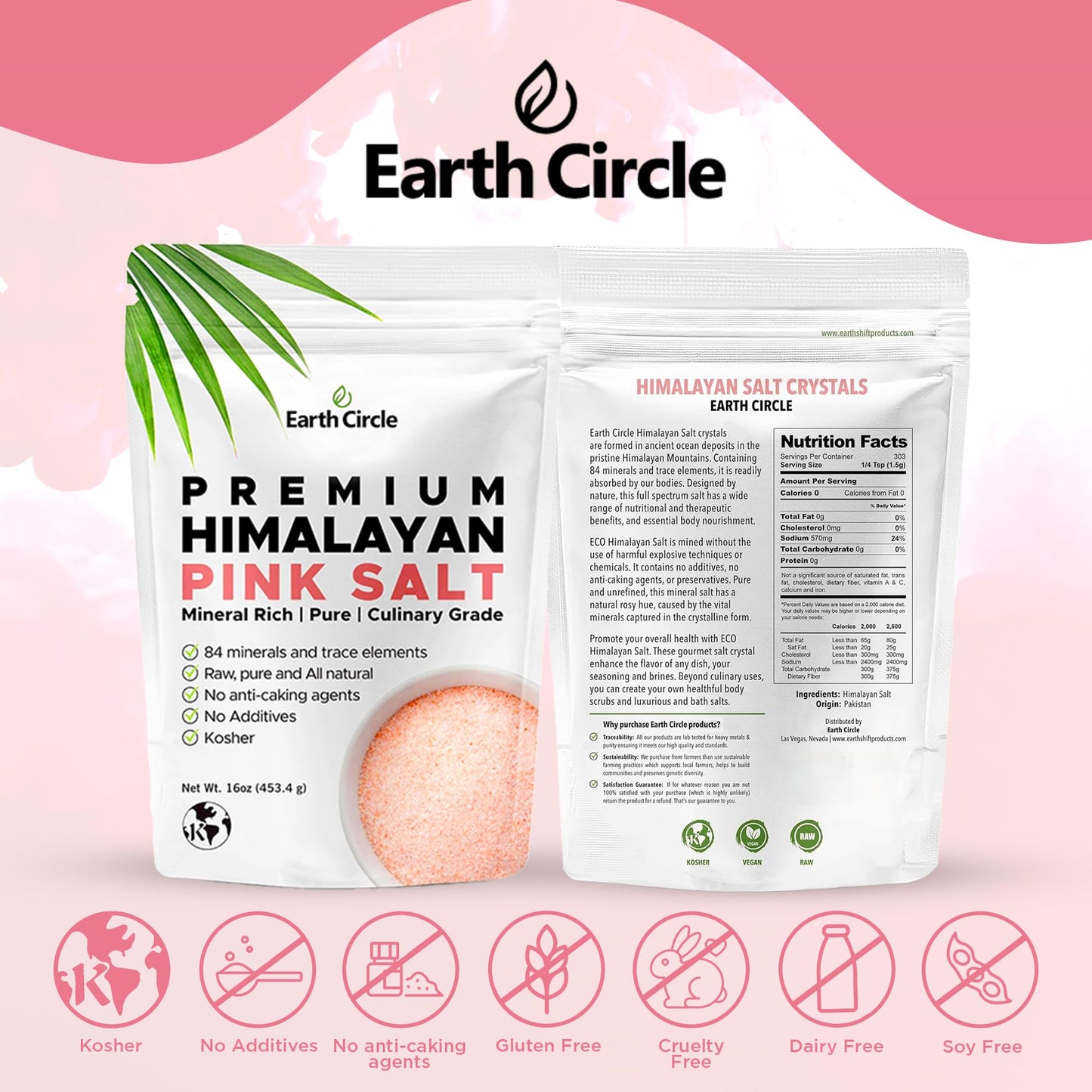 Earth Circle Premium Himalayan Pink Salt, Culinary Grade, 16 Ounce (Pack of 3)