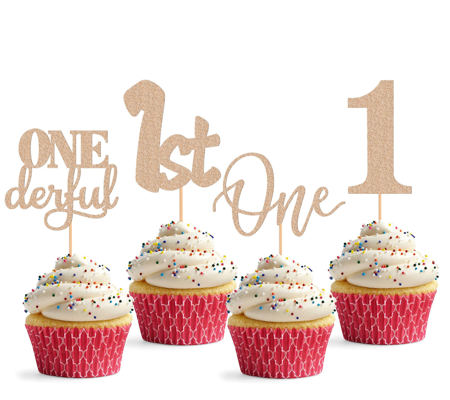 24Pack First Birthday Cupcake Topper - Glitter Rose Gold One Cupcake Picks,1st Birthday Cupcake Decorations Supplies (Rose Gold)