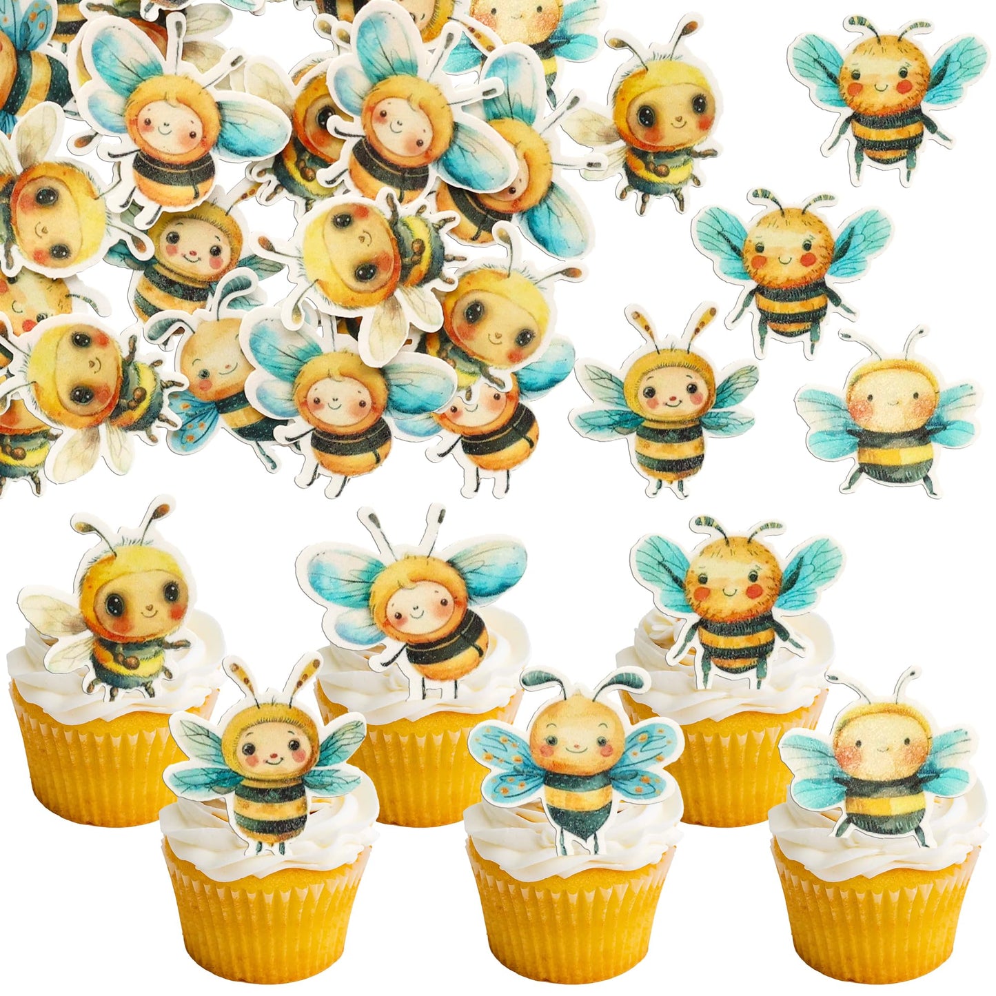 Ephlyn 60Pcs Edible Bumble Bee Cupcake Toppers Rice Paper Bee Oh Babee Cupcake Picks Decoration For Bee Theme Baby Shower Kids Birthday Party Cake Decorations