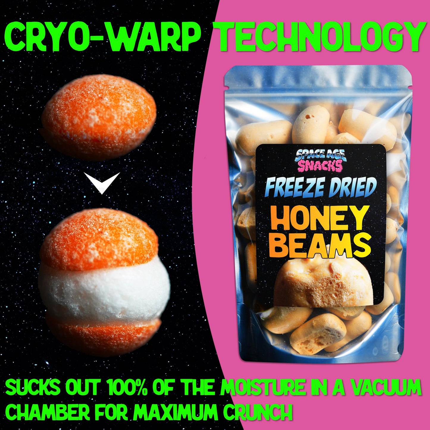 Space Age Snacks Freeze Dried Honey Beams Candy - 4 Ounces, Premium Quality, Shipped in Protective Box