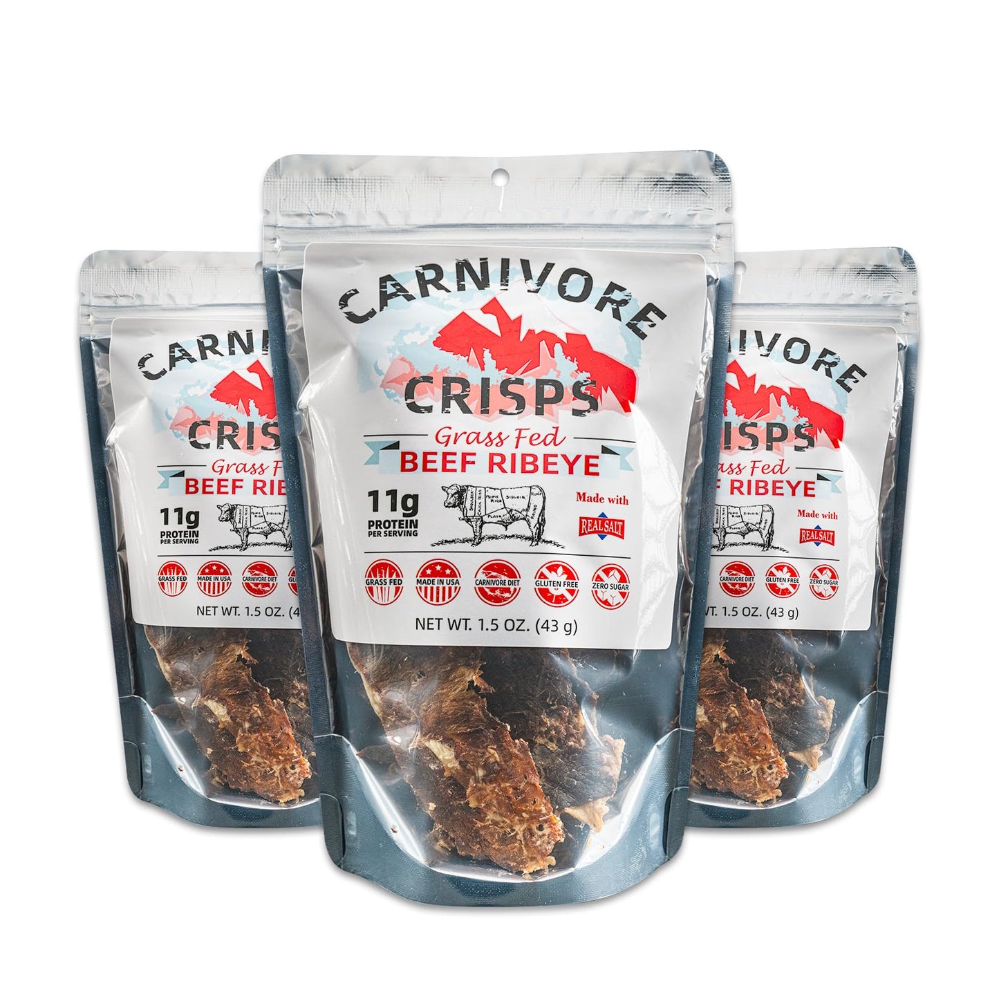 Carnivore Crisps Beef Ribeye Crisps, High Protein, Gluten-Free, Keto Approved, 1.5 oz (Pack of 3)
