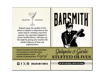Barsmith Jalapeño & Garlic Stuffed Olives - Gourmet Cocktail Garnish - 8 oz Jar