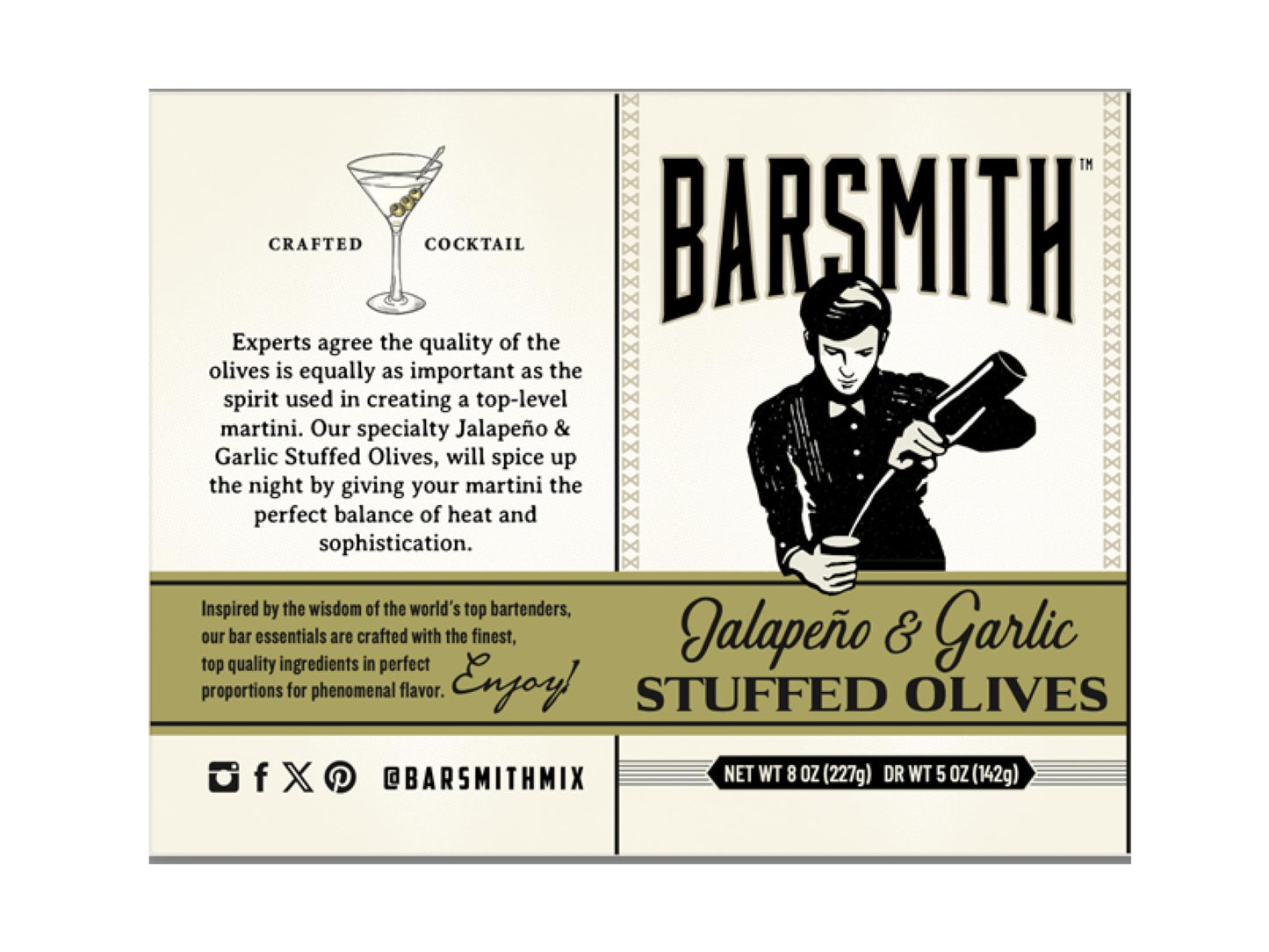 Barsmith Jalapeño & Garlic Stuffed Olives - Gourmet Cocktail Garnish - 8 oz Jar