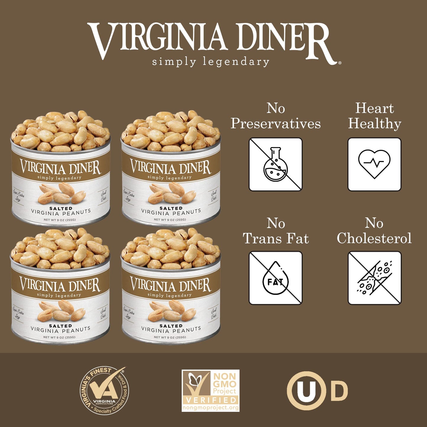 Virginia Diner All Natural Gourmet Virginia Nuts Blister Roasted Super Xl Peanuts Heart Healthy Snack Or Gift 9Oz (4 Pack) Salte