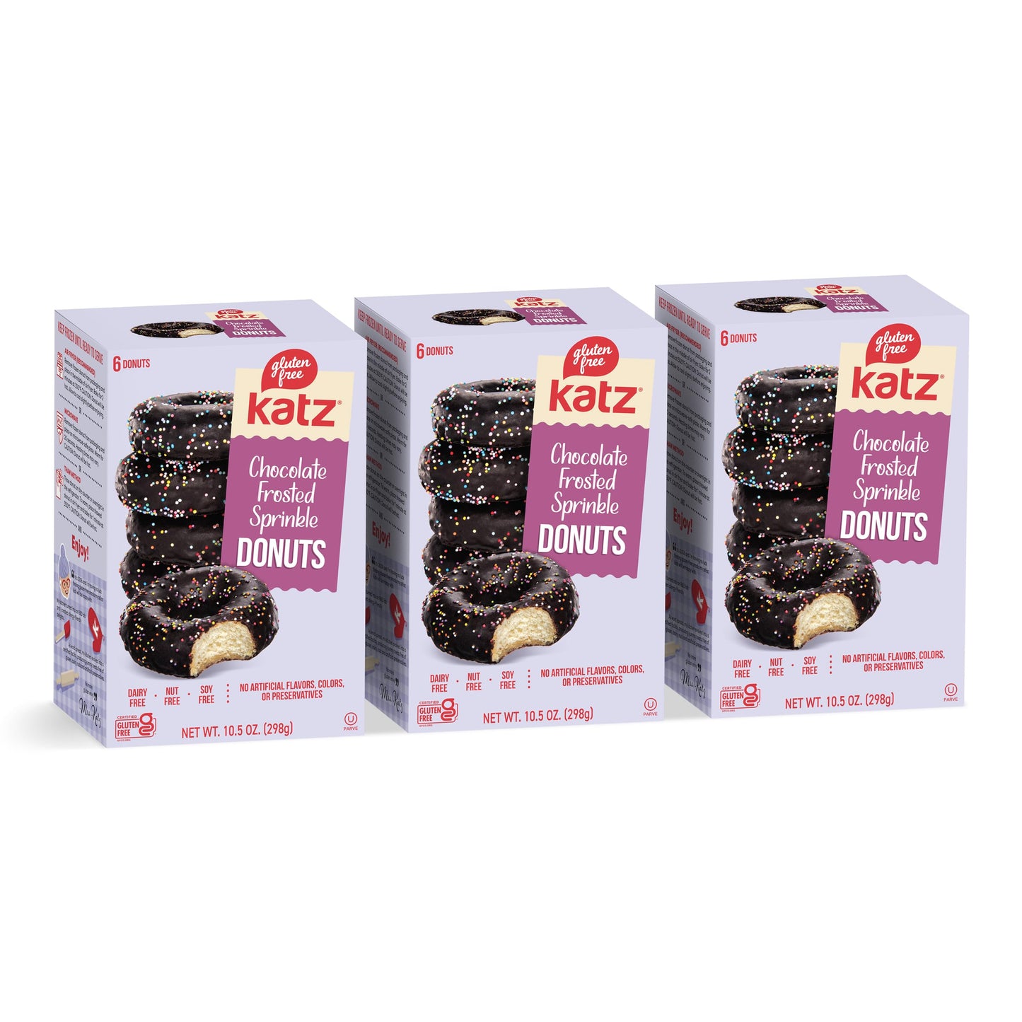 Katz Gluten Free Chocolate Frosted Sprinkle Donuts. No Artificial Color Free of Soy, Sesame, Dairy, and Nuts. Kosher 10.5oz (3pk