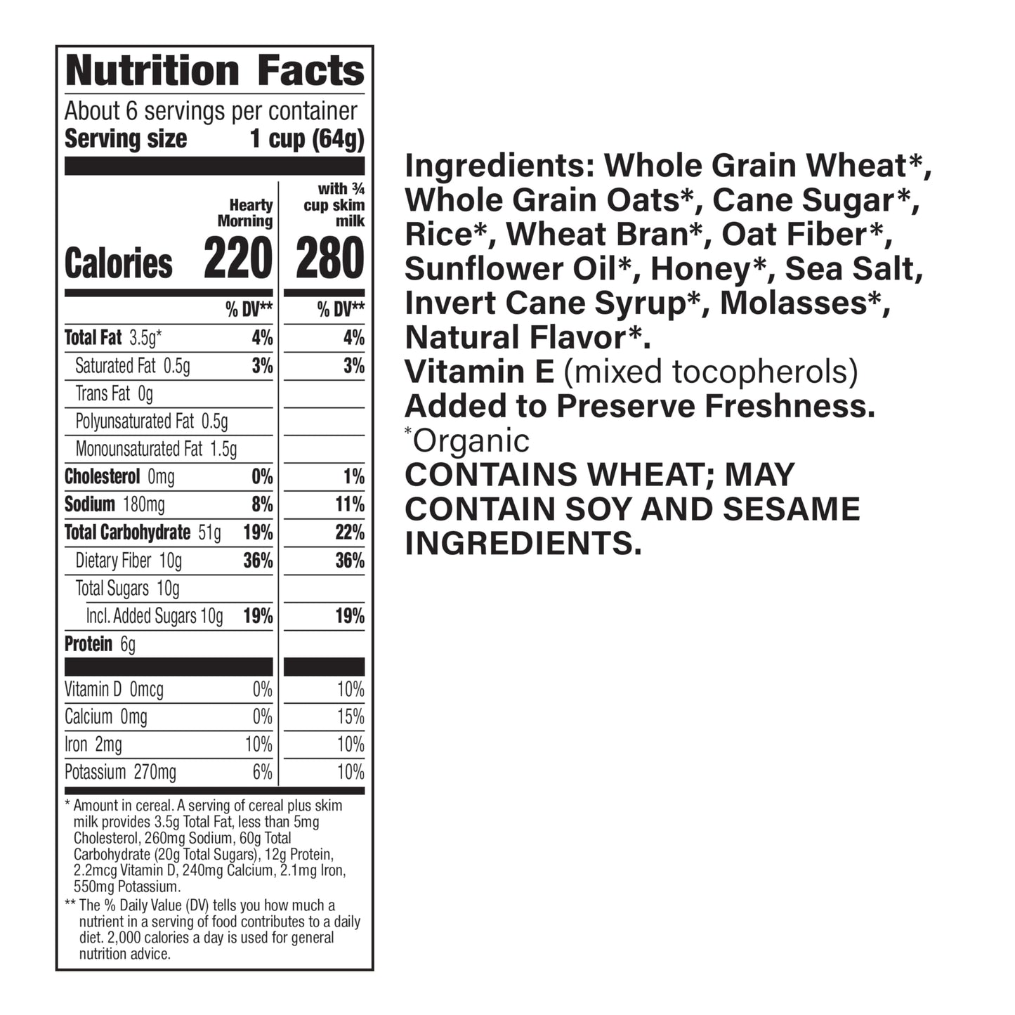 Cascadian Farm Organic Hearty Morning Fiber Cereal, Made with Whole Grain, 14.6 oz