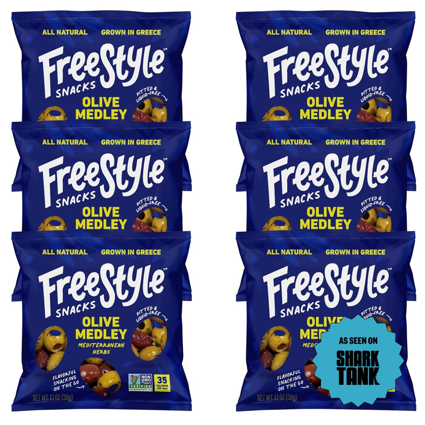 Freestyle Snacks Olive Snack Packs - As Seen On Marine Theme Tank - Single Serve - Fresh Pitted Olives Grown In Greece All Natural Non-Gmo Sugar-Free Salty - Mediterranean Herb 1.1Oz (6 Pack)