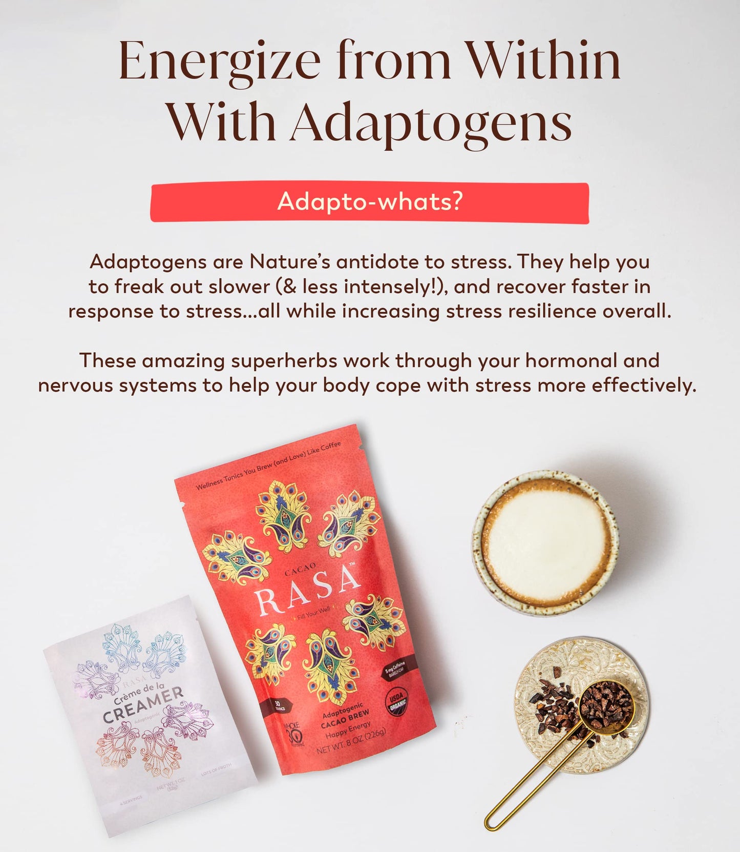Rasa Cacao Adaptogenic Coffee Alternative & Non-Dairy Creamer Bundle - Vegan, Whole 30, Keto, 30 Servings