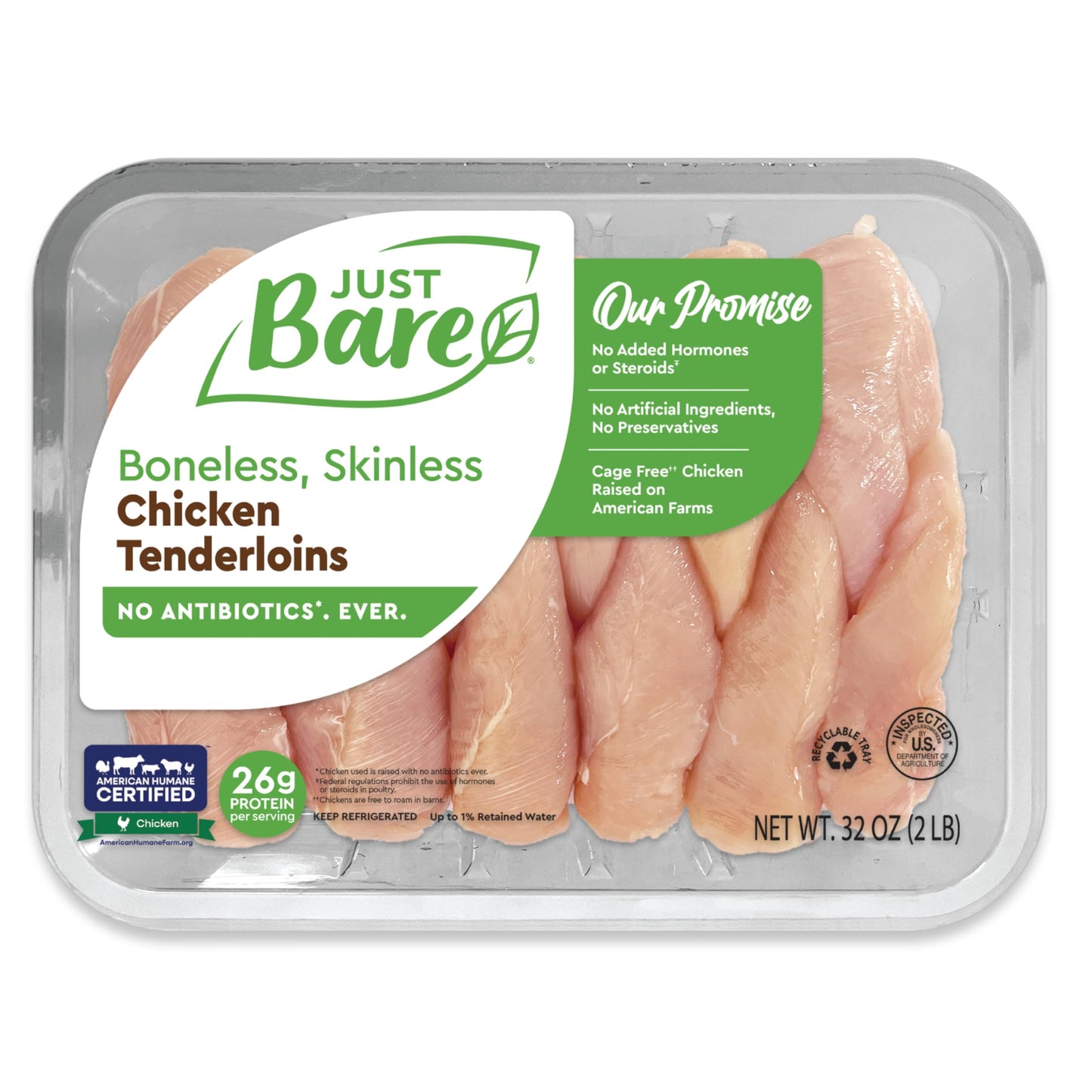 Just Bare Natural Fresh Chicken Tenders | Family Pack | No Antibiotics Ever | Boneless | Skinless | 2.0 LB