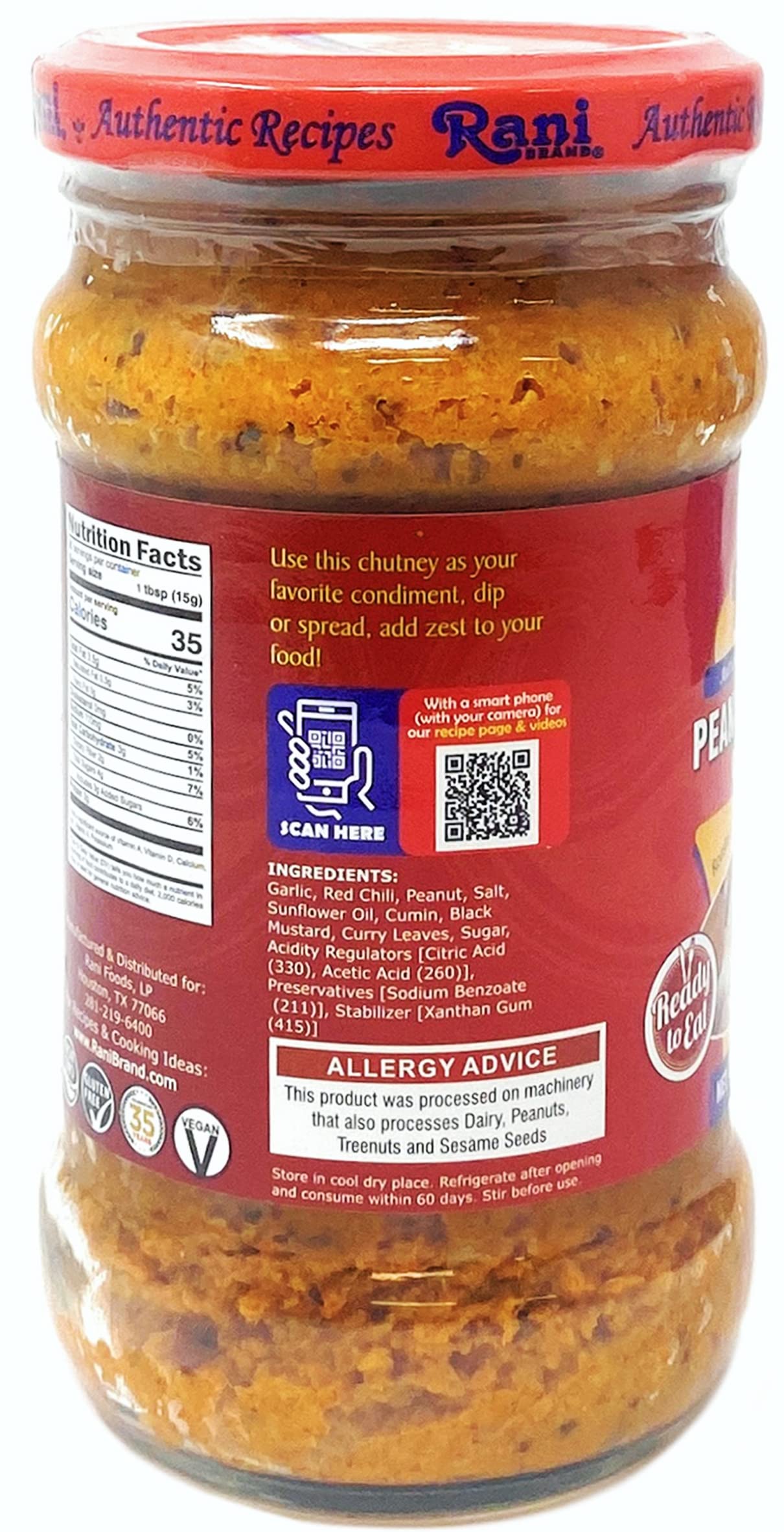 Rani Peanut Garlic Chutney 10.5Oz (300G) Glass Jar, Ready To Eat, Pack Of 5+1 Free ~ Vegan | Gluten Free | Non-Gmo | No Colors |