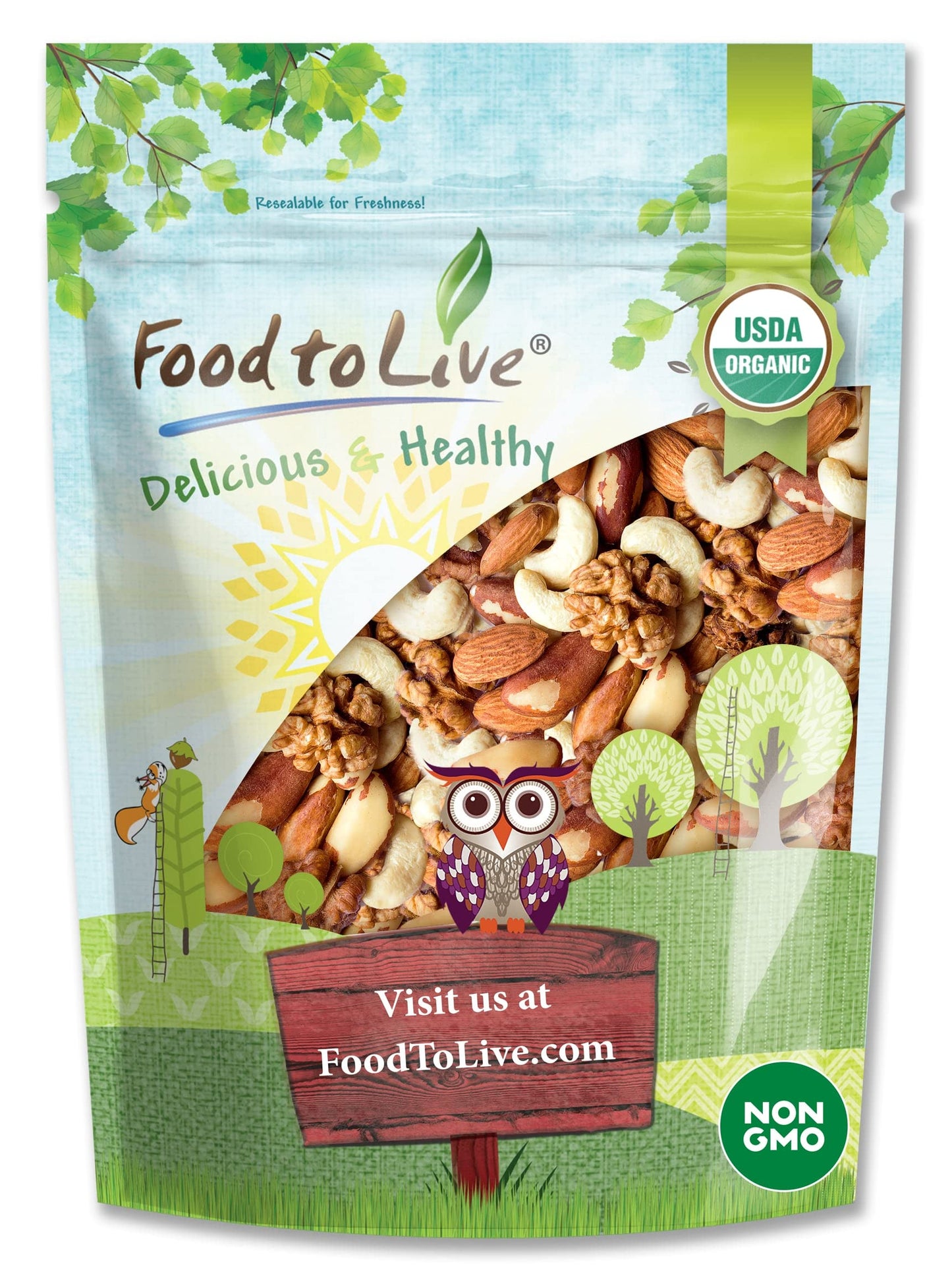Food To Live - Organic Mixed Raw Nuts 1 Pound Cashews Brazil Nuts Walnuts Almonds Non-Gmo Kosher Raw Vegan Unsalted Bulk