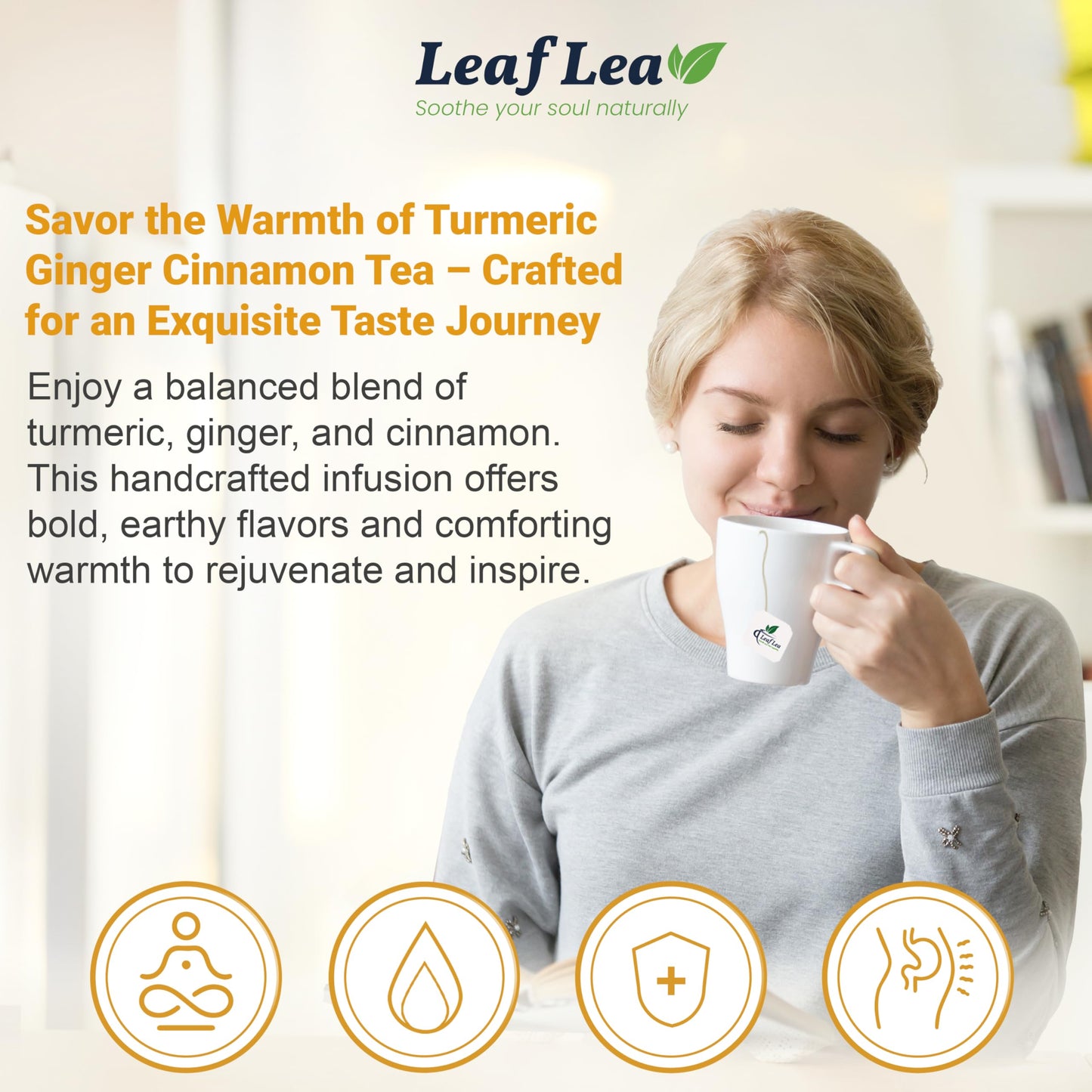 LeafLea Turmeric Tea Bags - 80 Count, Caffeine-Free Herbal Blend with Ginger and Cinnamon, Vegan, Sugar-Free