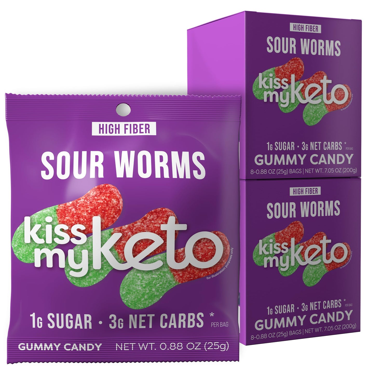 Kiss My Keto Sour Gummy Worms – 1G Sugar, Low Carb, High Fiber, Non-Gmo Sour Gummies Candy – Healthy Sour Worms Candy, Delicious Sour Gummy Candy Gummy Worm – Gummy Worms Individual Packets (16-Pack)