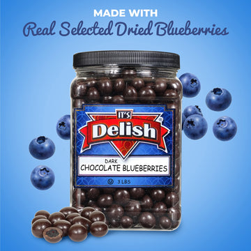 Gourmet Dark Chocolate Blueberries By Its Delish, 3 Lbs Jumbo Container Jar | Dark Chocolate Covered Fruit With Real Dried Blueb