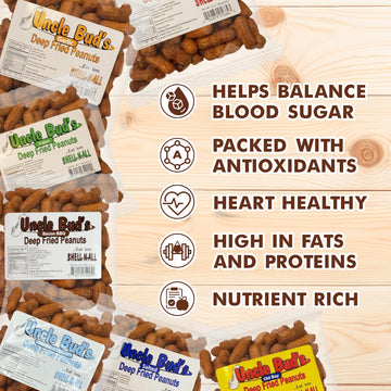 Uncle Bud'S Deep Fried Peanuts In Shell (5 Pack), Peanuts Individual Packs: Salted, Cajun, Garlic, Hot, Old Bay, Bacon Bbq, Crun