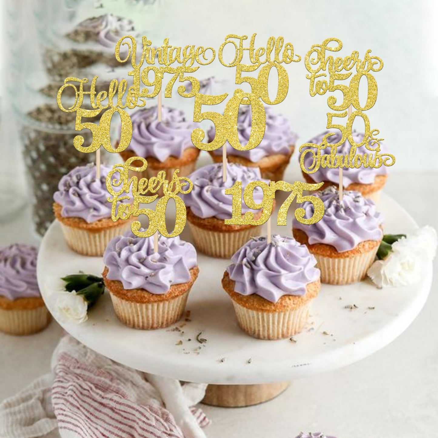 Rssta i 50th Birthday Cupcake Toppers, Gold Glitter, Vintage 1975, Paper, 24 Pack