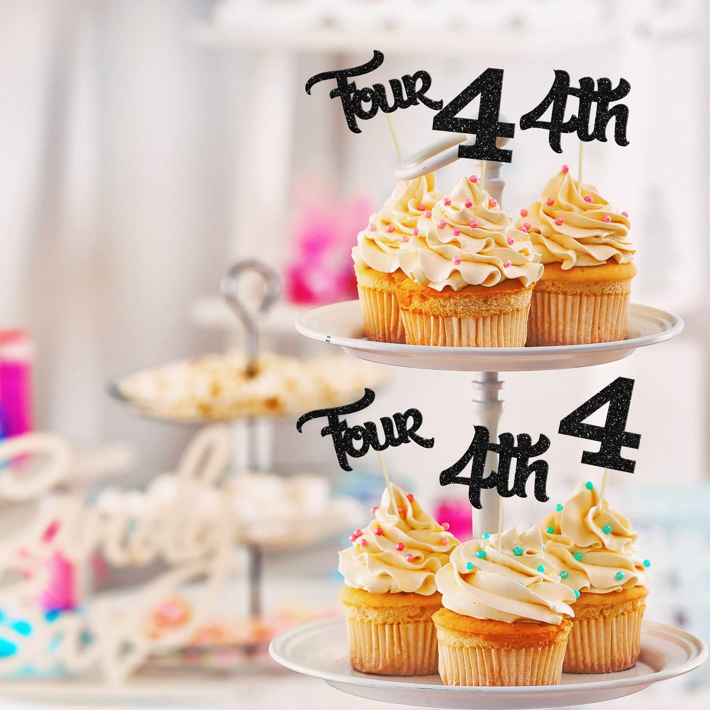 24Pcs Four Cupcake Toppers Glitter 4th Birthday Cupcake Pick Decorations for Baby Shower 4th Birthday Party Cake Decorations Sup