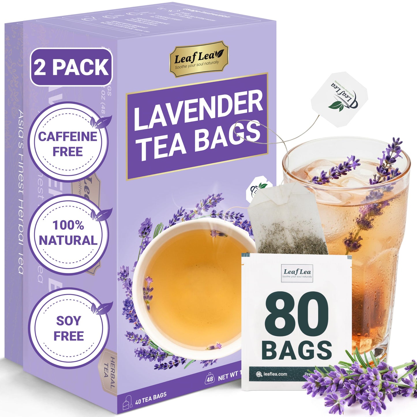 Leaflea 80 Top-Grade Lavender Tea Bags 100% Natural & Pure From Lavender Flowers Nighttime Comfort & Digestive Support Floral Aroma And Smooth Taste Energy Blend-Free Sugar-Free Individually Wrapped