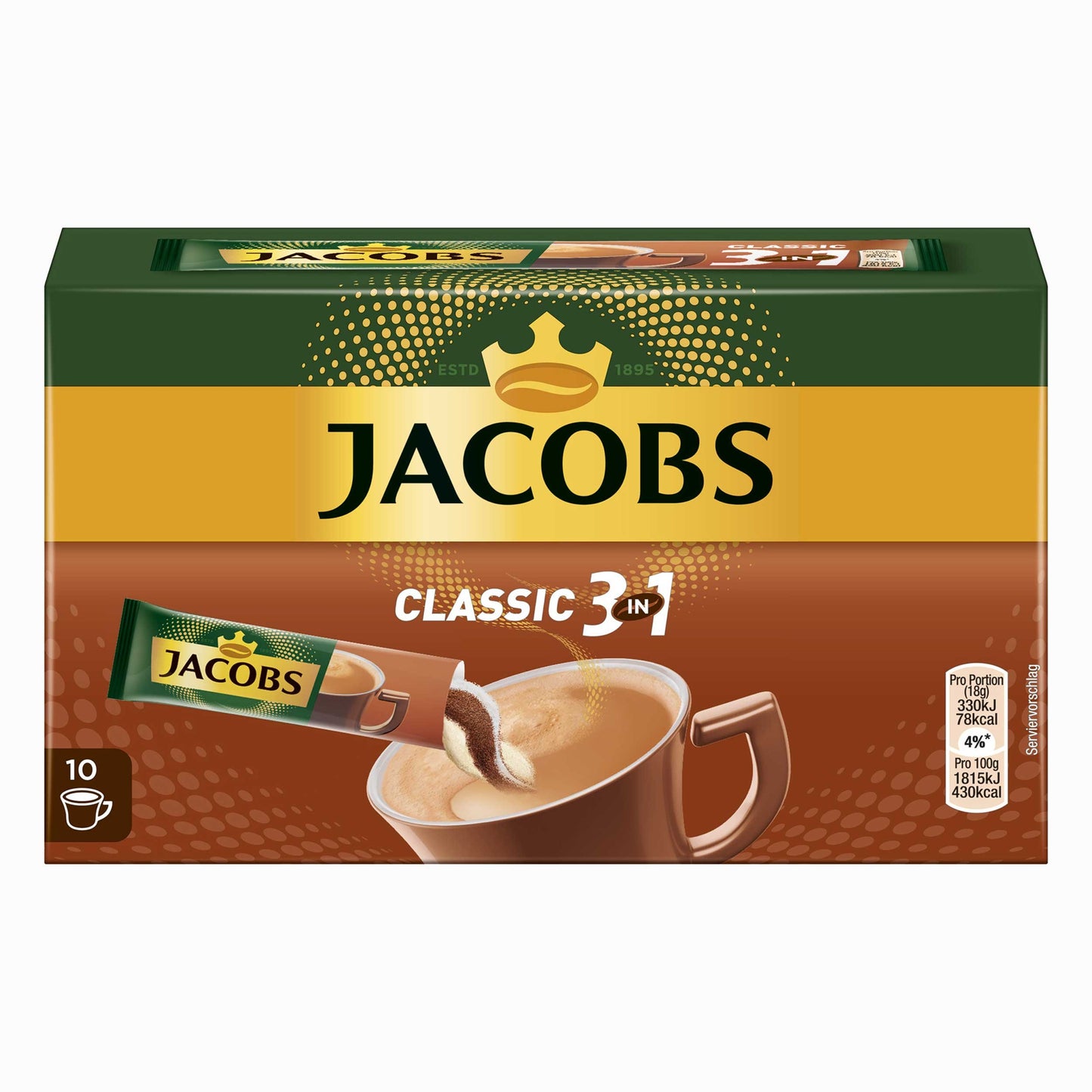 Jacobs 3In1 Classic Instant Coffee Sticks, 10 Single Servings (Pack Of 1)