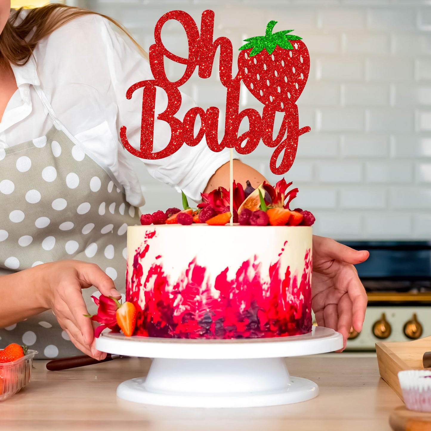 1 Pack Sweet Oh Baby Cake Topper Glitter Oh Baby Strawberry Cake Pick Fruit Berry Cake Decoration For Summer Strawberry Baby Sho