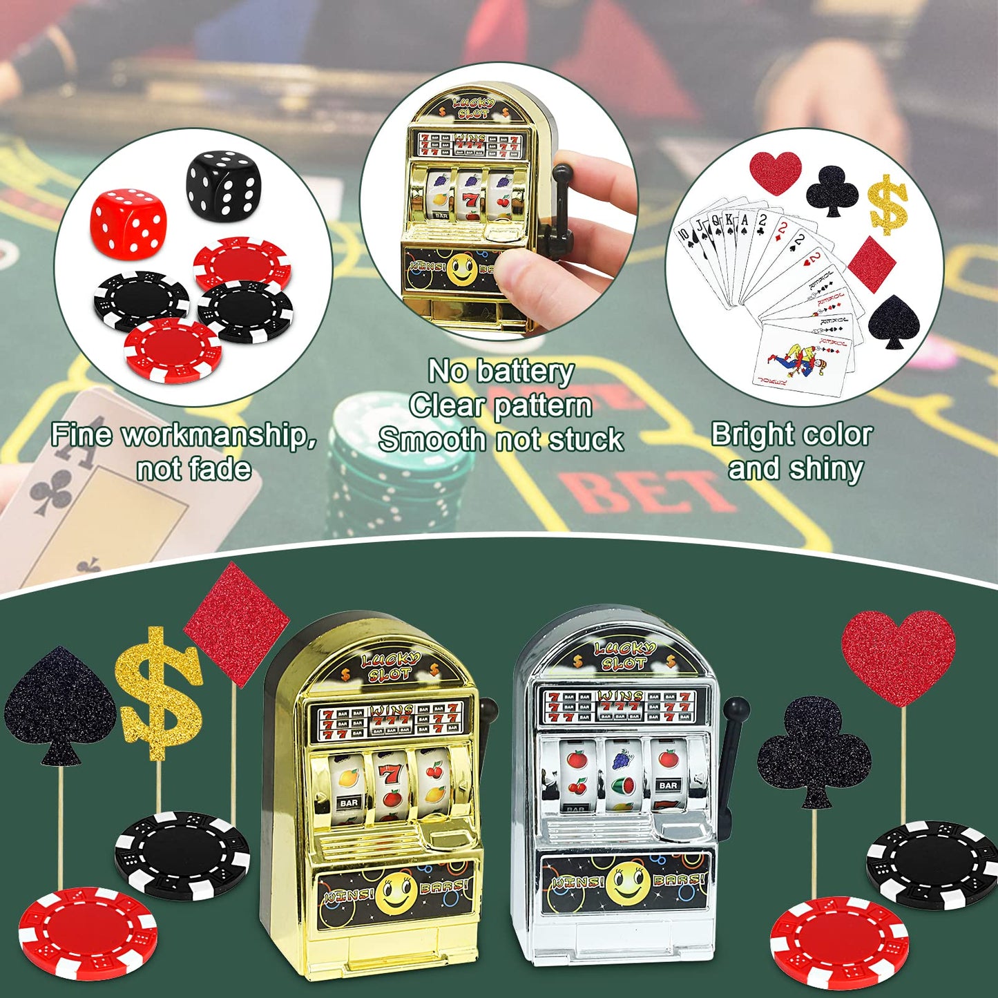 Morofme card-style Cake Decorations Set, 21 PCS, Medium, Plastic, Includes Slot Machine, card-style Chips, Dices, Dollar Sign, Birthday Party Supplies