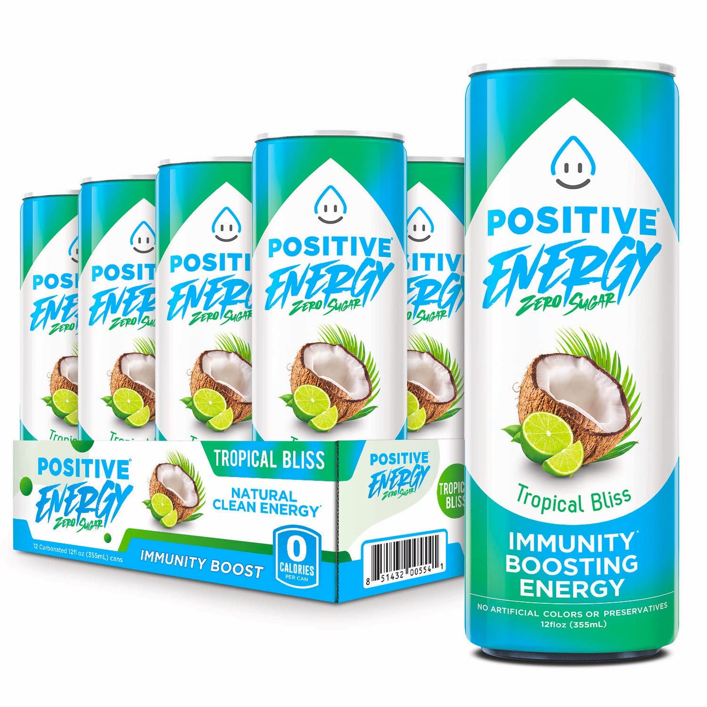 Positive Energy Immunity Boosting Energy Drink, Tropical Bliss, Zero Sugar, Keto Friendly, Gluten Free & Non-GMO, 12 Fluid Ounce