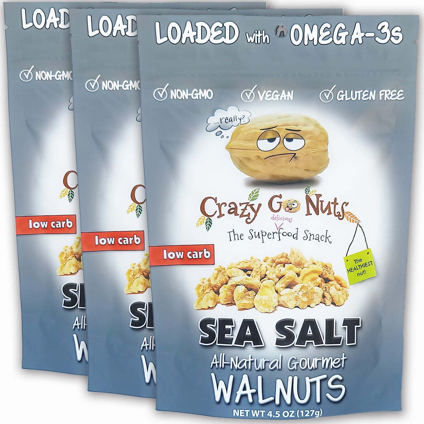 Crazy Go Nuts Walnuts - Plain With Sea Salt, 4.5 Oz (3-Pack) - Healthy Snacks, Vegan, Low Carb, Gluten Free, Superfood - Natural