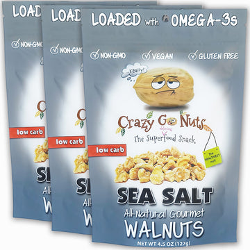 Crazy Go Nuts Walnuts - Plain With Sea Salt, 4.5 Oz (3-Pack) - Healthy Snacks, Vegan, Low Carb, Gluten Free, Superfood - Natural