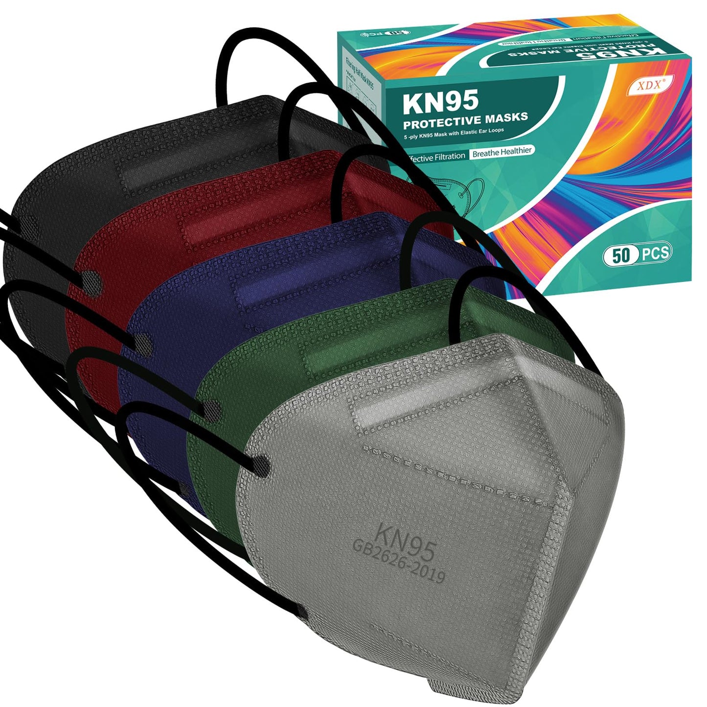 Xdx Kn95 Face Masks, 50 Pack Individually Wrapped Multicolor Face Masks For Men And Women, 5 Layers Breathable Masks Disposable,