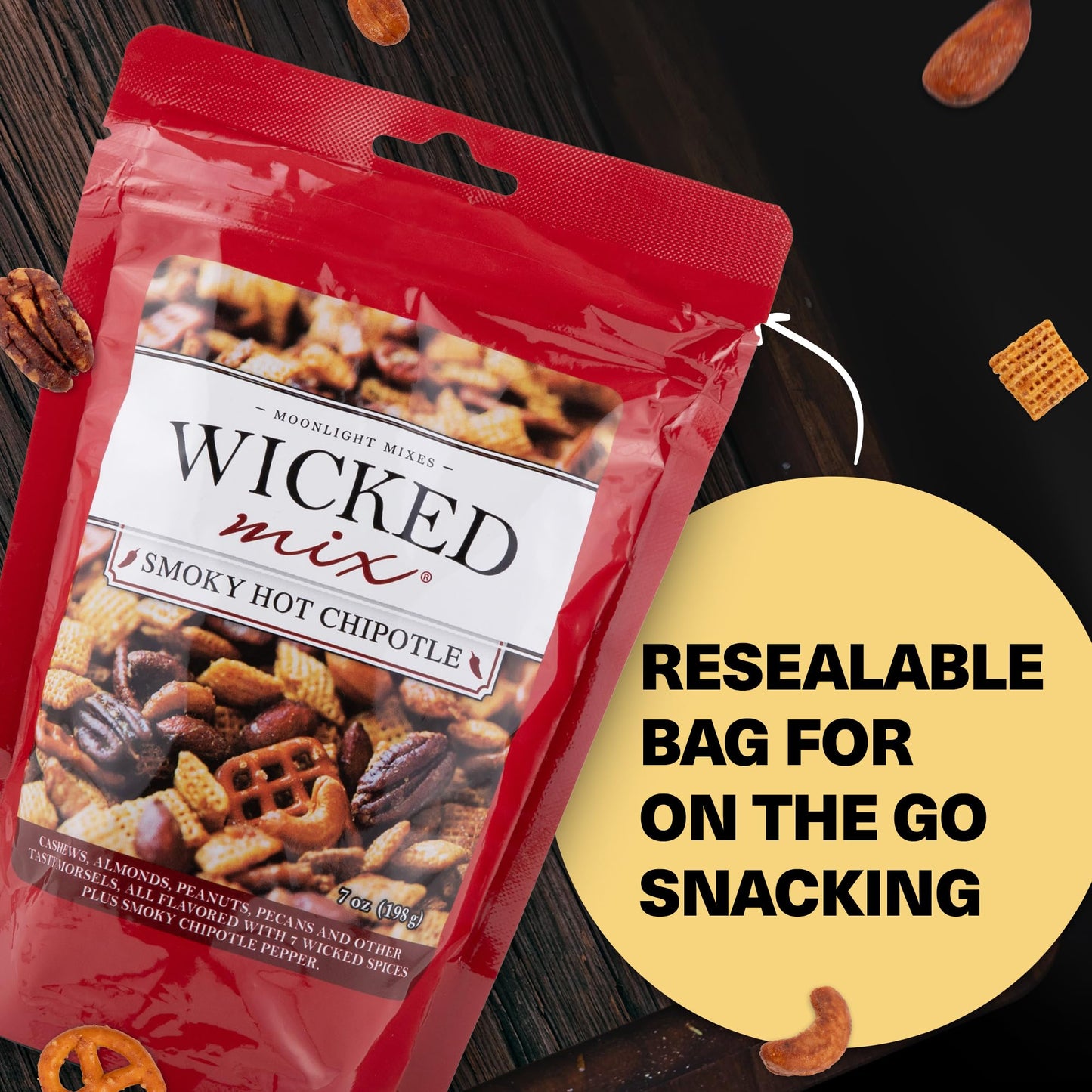 Wicked Mix Snack Mix - Sweet and Salty Trail Mix with Mixed Nuts, 7 Oz, Smoky Chipotle Flavor, Resealable Bag