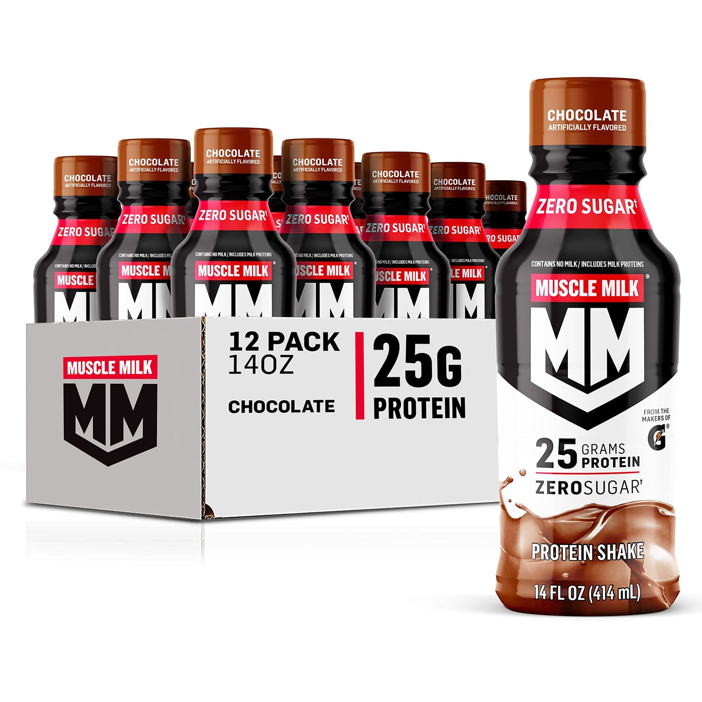 Muscle Milk Protein Shake, Chocolate, 14 Fl Oz Bottle, 12 Pack, 25g Protein, Zero Sugar, Model 58795